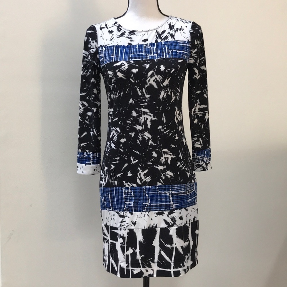 BCBGMAXAZRIA black white blue Mid-Sleeve Midi Dress Size XXS